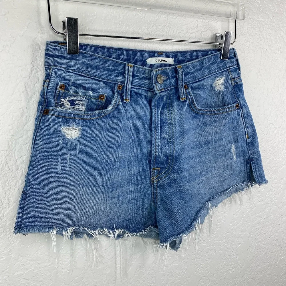 GRLFRND Cindy Buttonfly Highrise Psychedellic Shack Denim Distressed Sho…